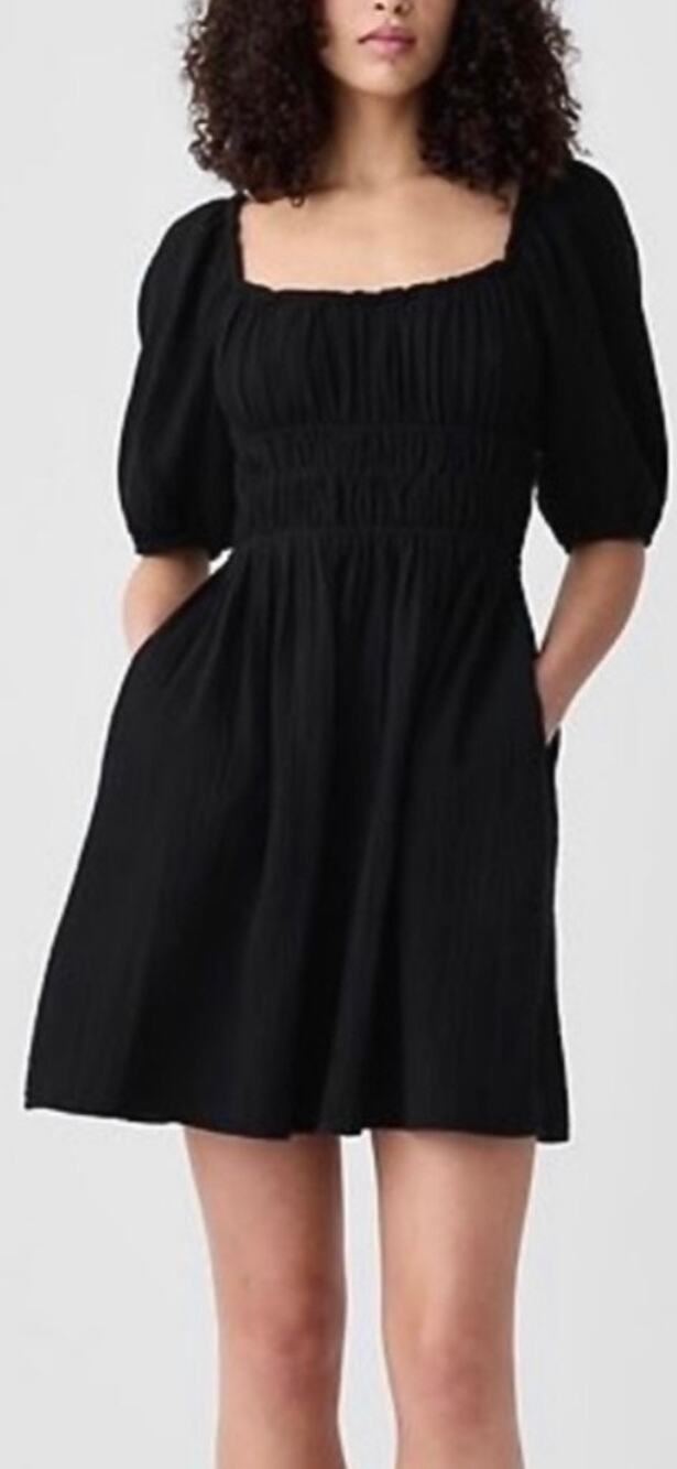 Gap Smocked Mini Dress Gauze Cotton Puff Sleeves Small Little Black Dress Summer